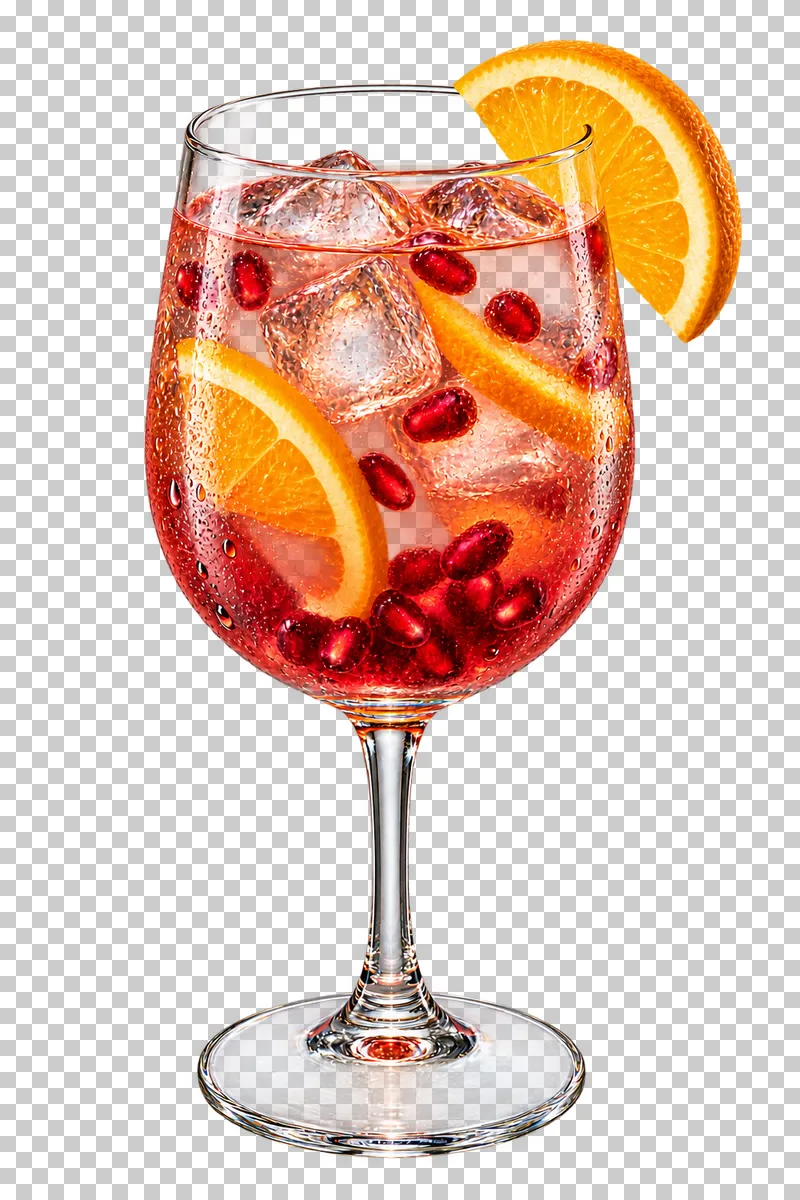 Pomegranate orange mocktail with ice, pomegranate seeds and orange slices in a stemmed goblet.