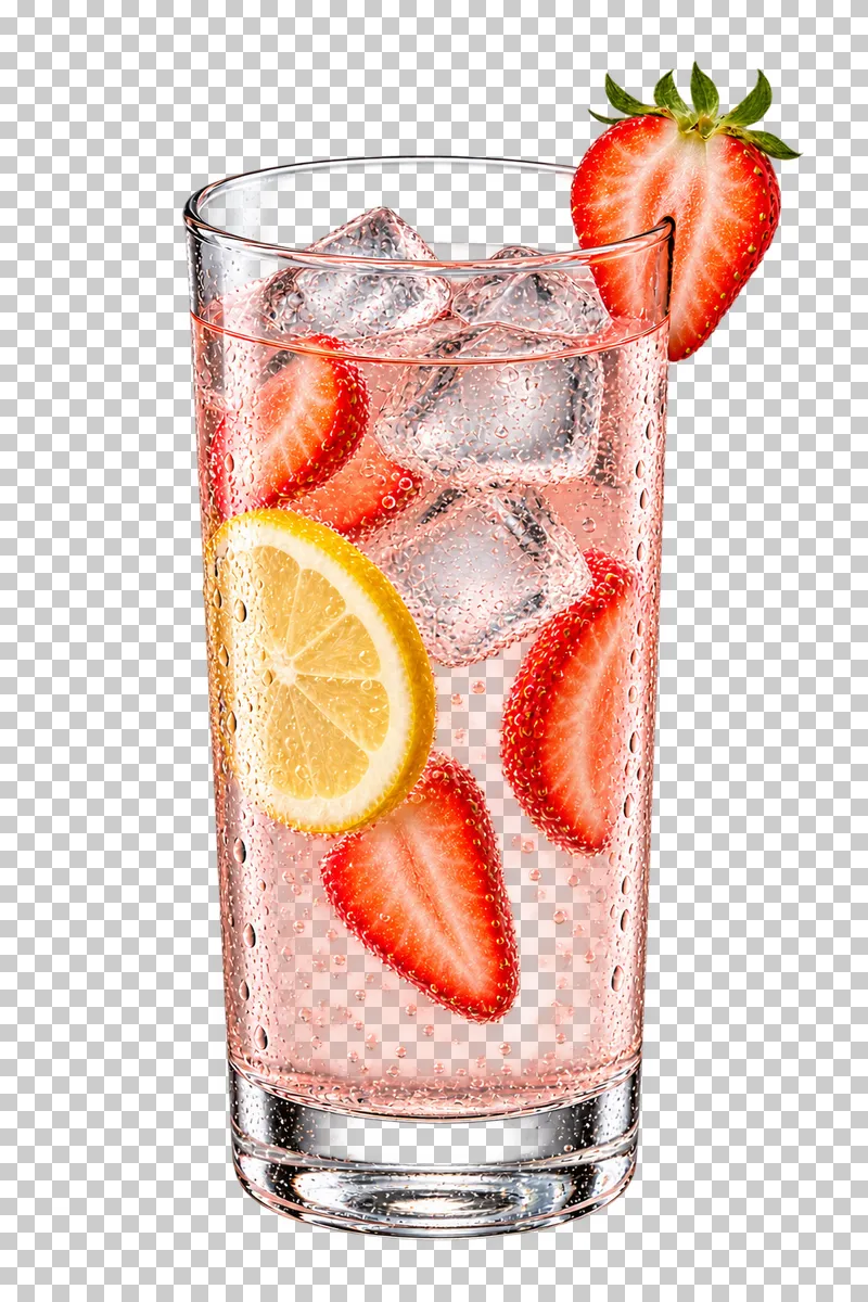 Pink strawberry lemon soda with ice, strawberry slices and lemon in a highball glass.