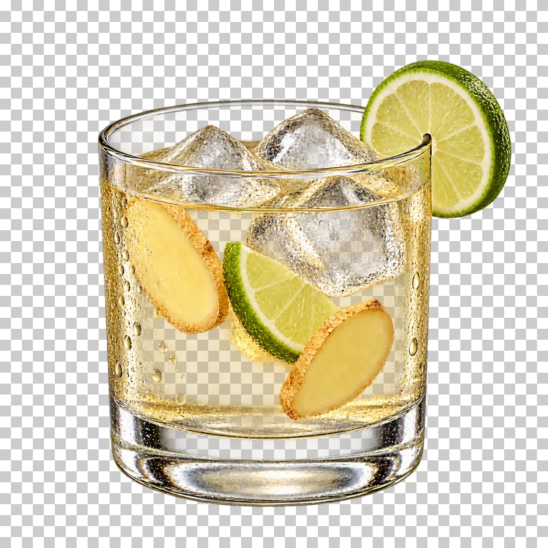 Straw-yellow ginger lime mocktail with ice, ginger slices and lime in a low tumbler.