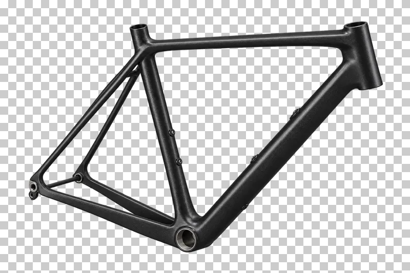 A black road bicycle frame with open front and rear triangles, shown without a fork, wheels or drivetrain.