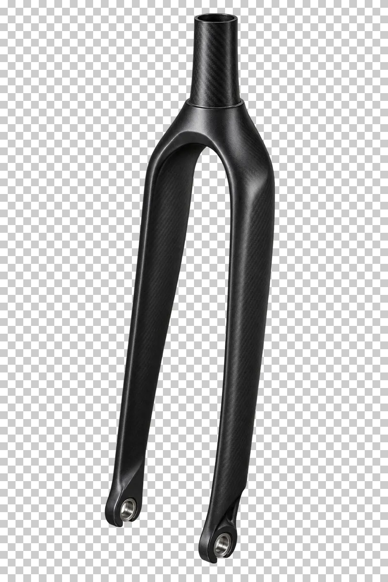 A black rigid bicycle fork with a complete steerer tube and two open axle dropouts.