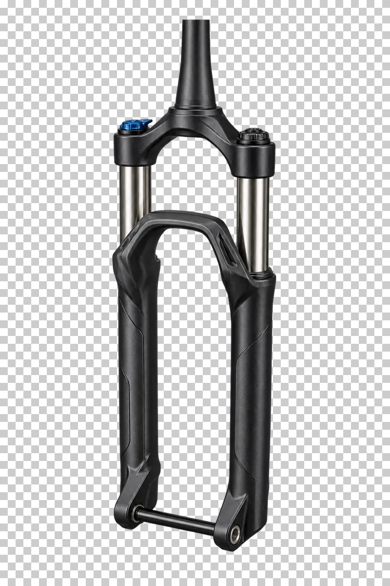 A black suspension fork with silver stanchions, a steerer tube and blue adjustment controls.