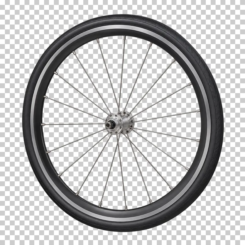 A complete front bicycle wheel with a black tire, rim, silver hub and connected spokes.