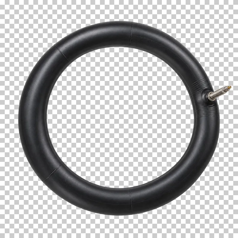 A black bicycle inner tube arranged in a ring with a metal valve stem.