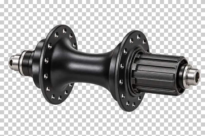 A black rear bicycle hub with perforated flanges, a splined freehub body and silver axle ends.