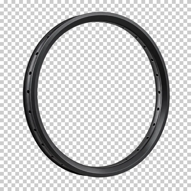 A black bicycle rim with an open center and evenly spaced spoke holes.