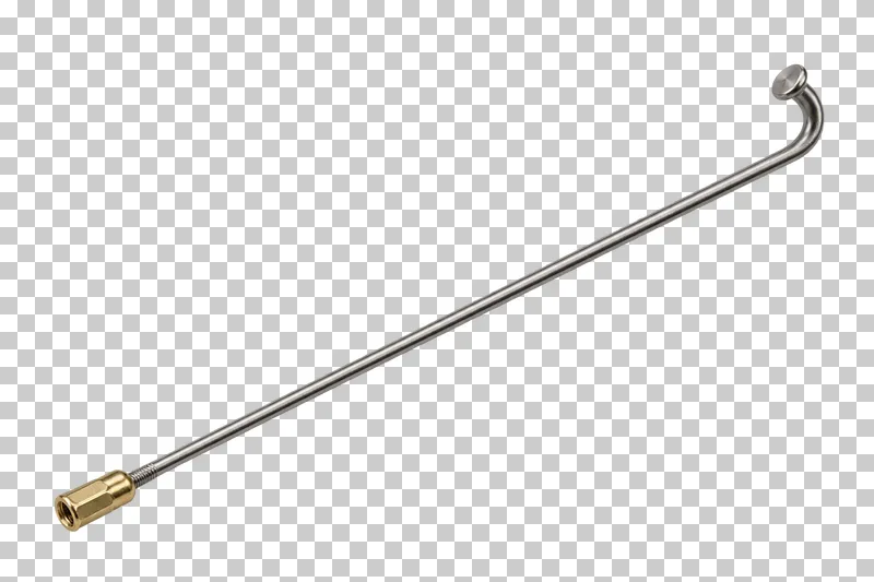 A single silver bicycle spoke with a bent head and a brass nipple on its threaded end.