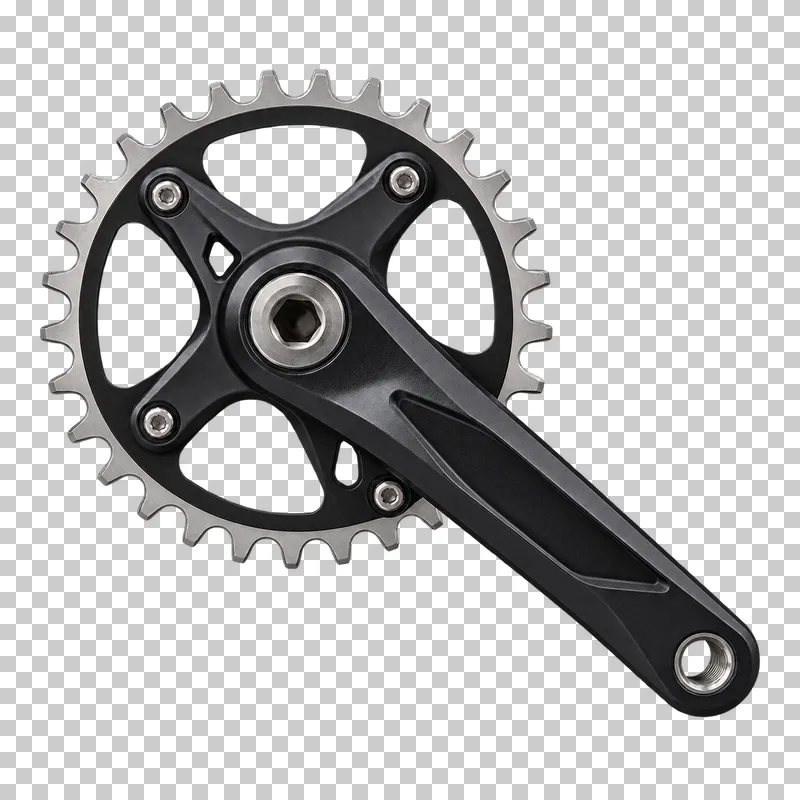 A black bicycle crank arm attached to a single toothed chainring with a silver outer edge.