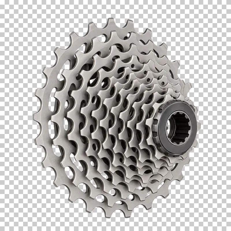A silver bicycle cassette with stacked toothed sprockets and an open central bore.