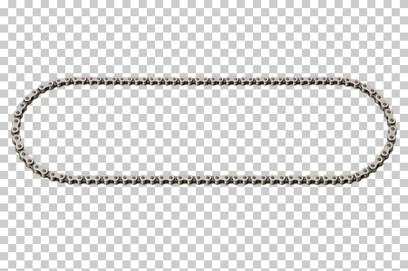 A long silver bicycle chain arranged as a continuous closed oval with many connected links and an open center.