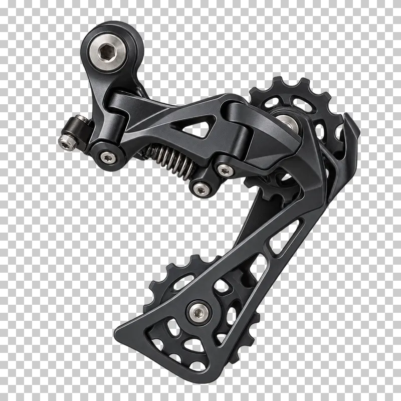 A black rear derailleur with a mounting joint, spring mechanism and two toothed jockey wheels.