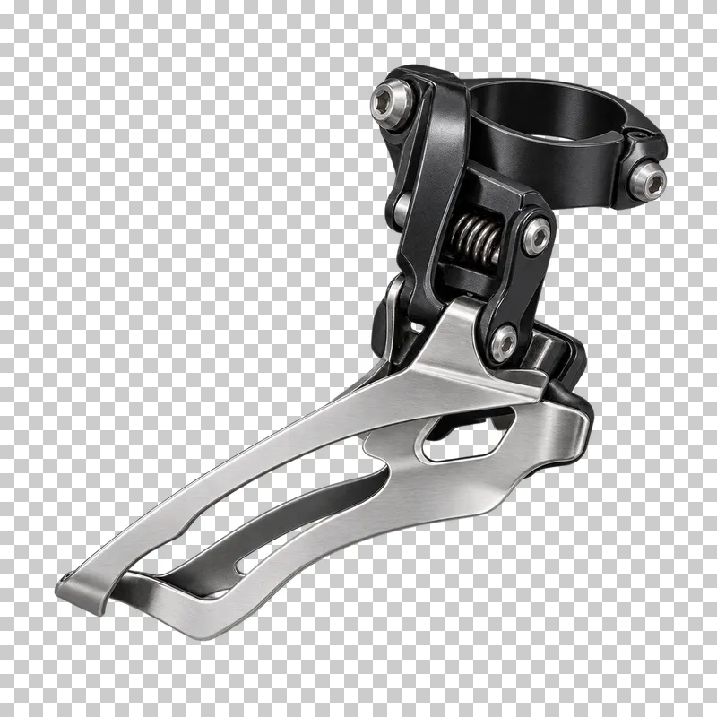 A front derailleur with a black clamp and linkage above a silver chain guide cage.
