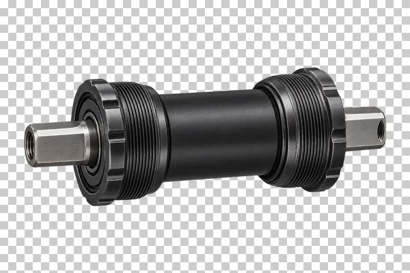 A black threaded bottom bracket assembly with silver axle ends.