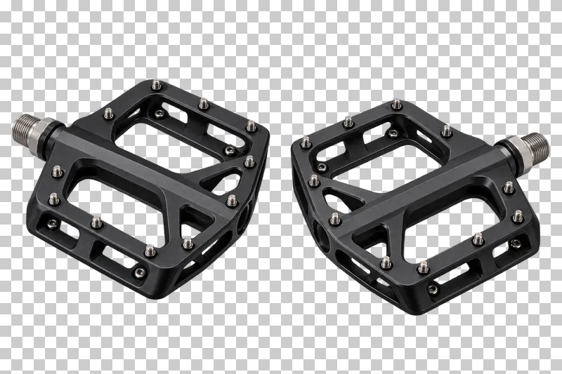 A pair of black platform pedals with open bodies, traction pins and metal axles.