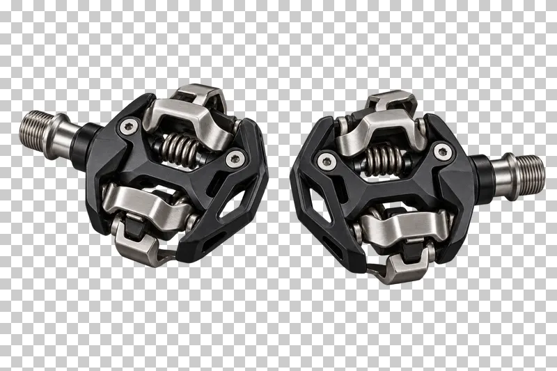 A pair of clipless bicycle pedals with black bodies, silver retention mechanisms and metal axles.
