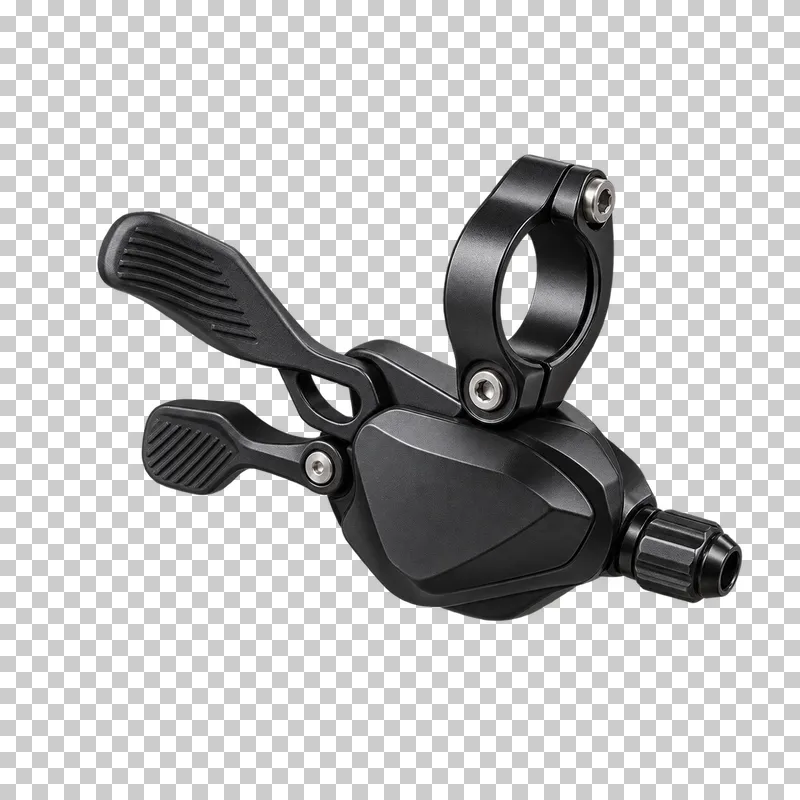 A black bicycle gear shifter with a handlebar clamp and two textured shift paddles.