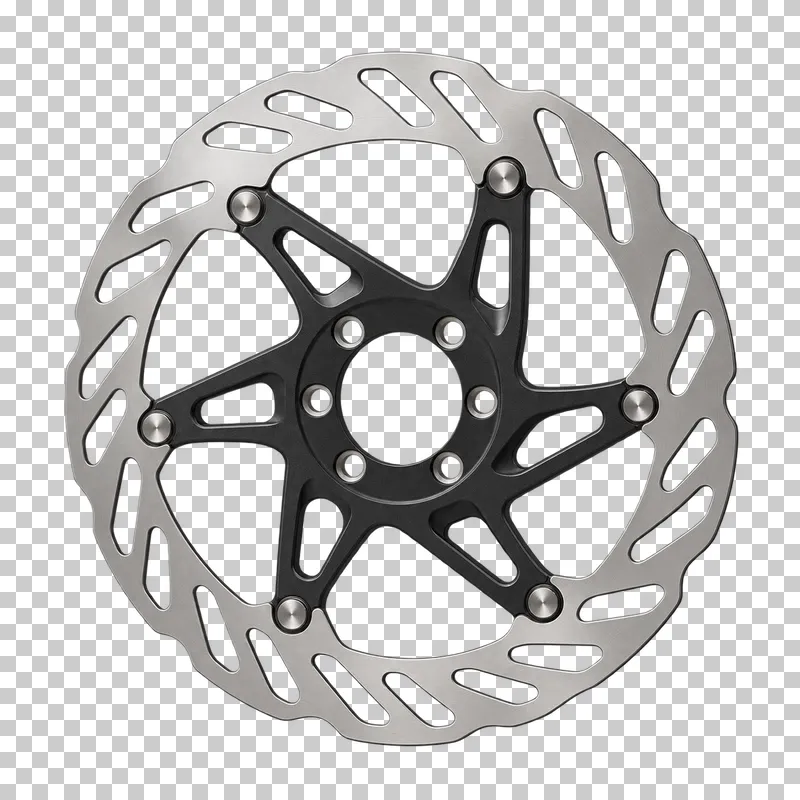 A silver bicycle brake rotor with a dark central carrier, mounting holes and open ventilation slots.
