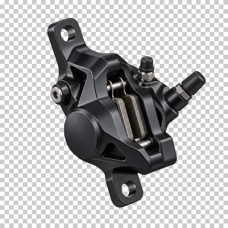 A black hydraulic brake caliper with visible brake pads, a hose connection and two mounting holes.