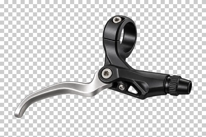 A bicycle brake lever with a black handlebar clamp and a curved silver lever blade.