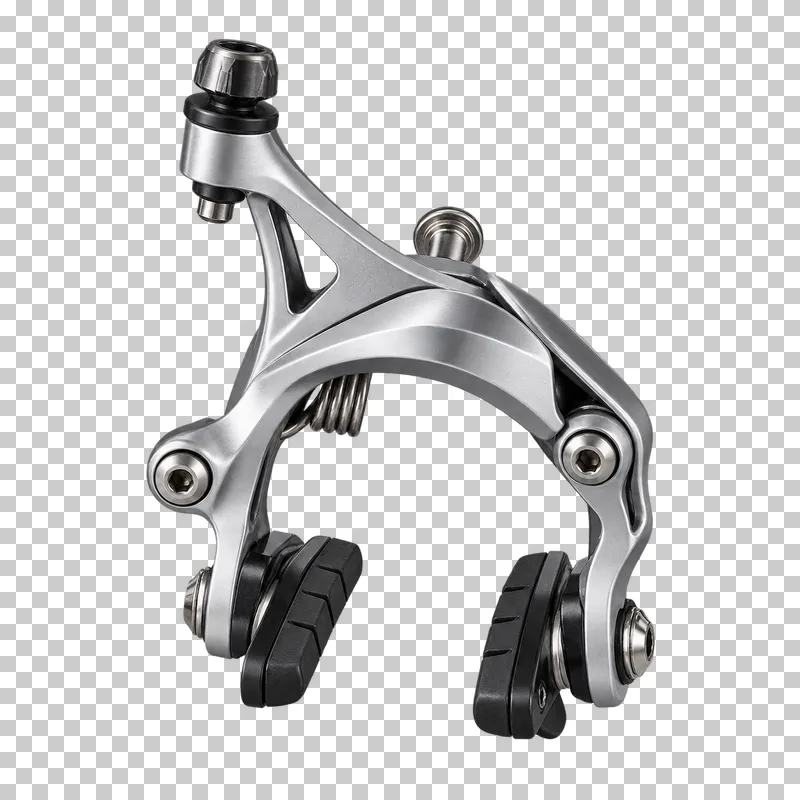 A silver road caliper brake with pivoting arms and two black brake pads.