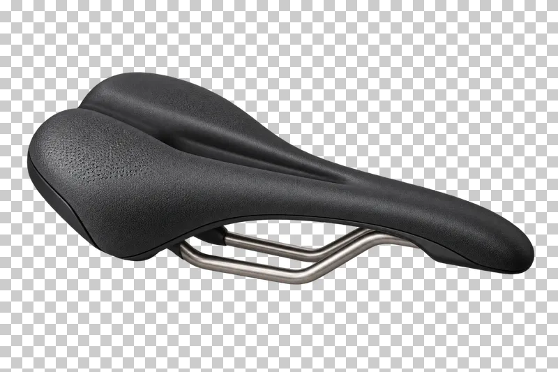 A black bicycle saddle with a textured cover and silver support rails.