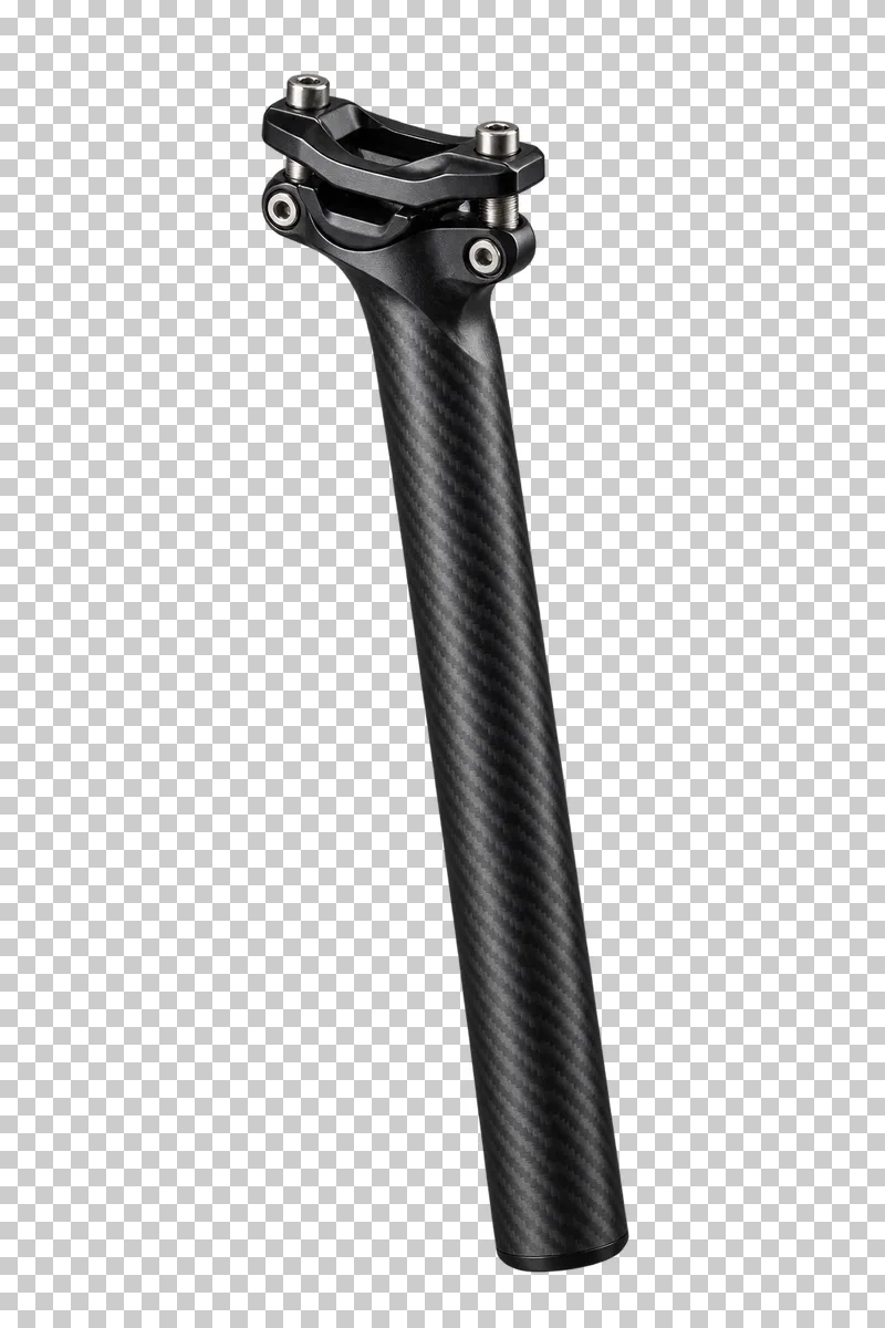 A carbon fiber bicycle seatpost with a black saddle clamp at the top.