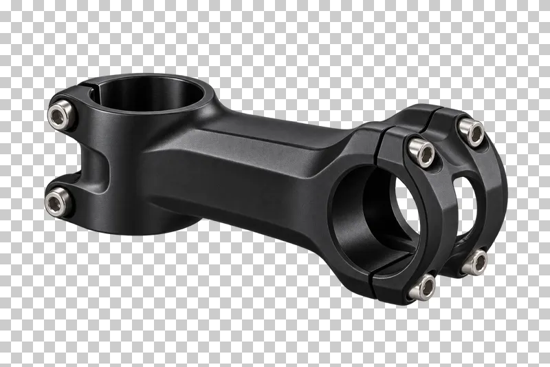 A black bicycle handlebar stem with open clamps and silver mounting bolts.