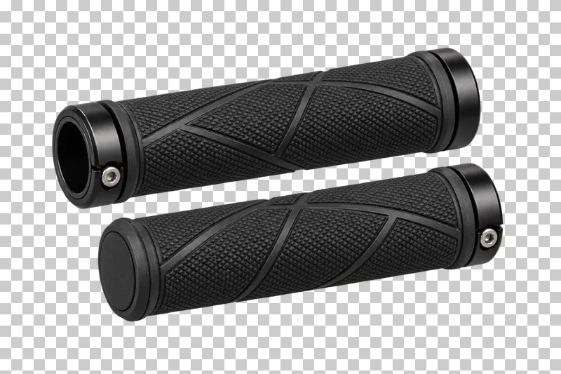 A pair of black textured handlebar grips with open ends and metal locking collars.