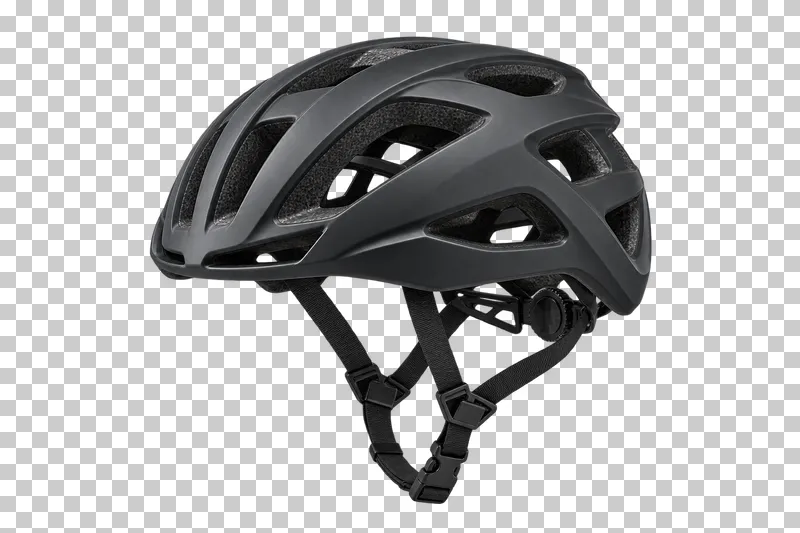 A black vented bicycle helmet with connected adjustable straps and a chin buckle.