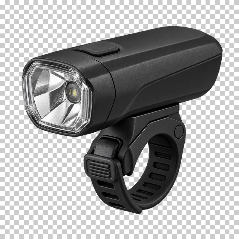 An unlit black front bicycle light with a clear lens and an attached rubber mounting strap.
