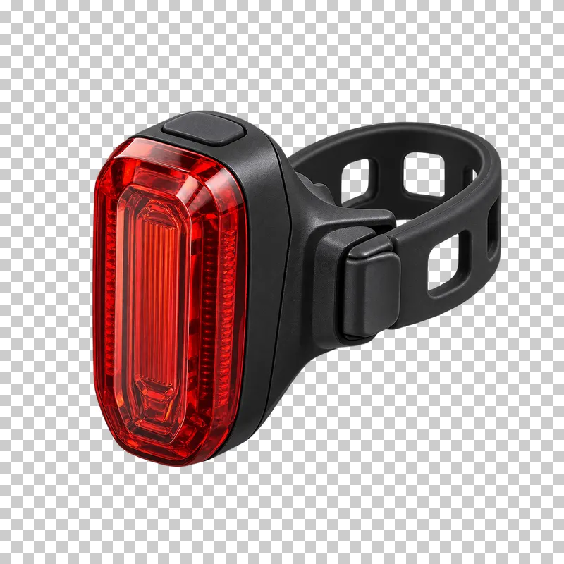 An unlit rear bicycle light with a red lens, black housing and an attached rubber mounting strap.