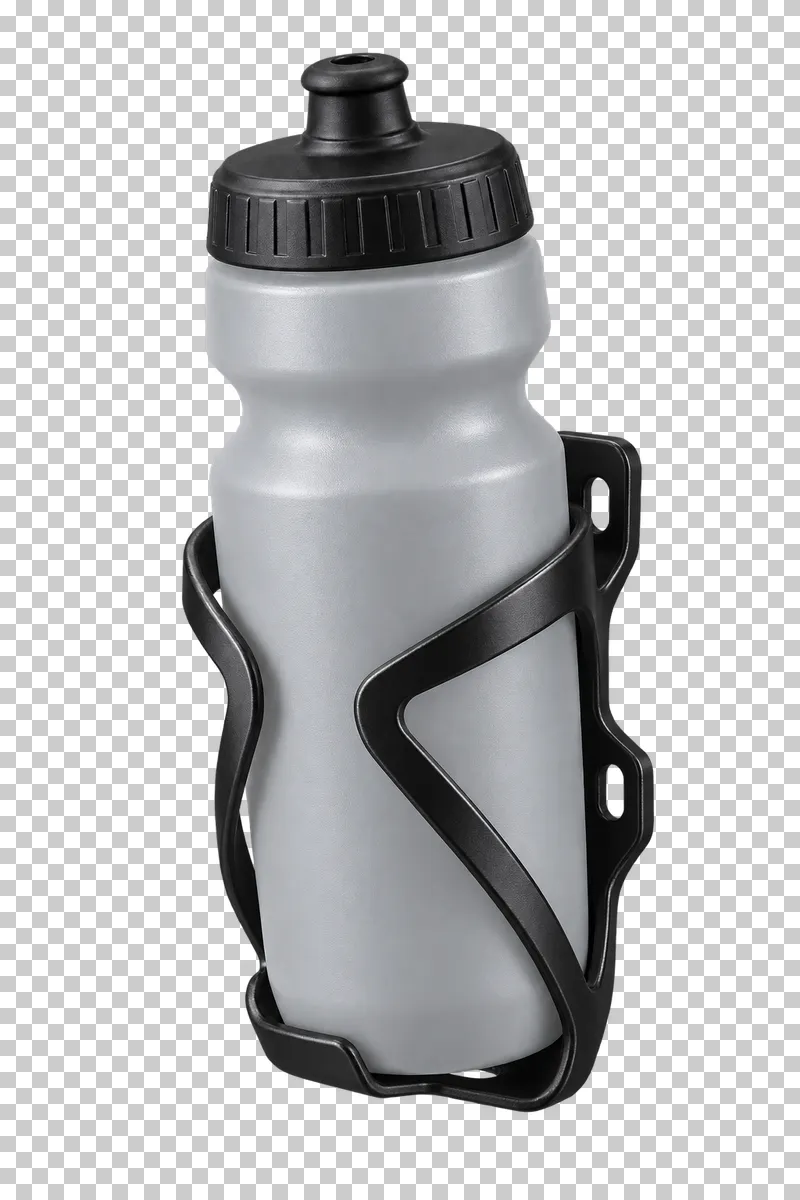 A silver-gray cycling water bottle seated inside a black bottle cage.
