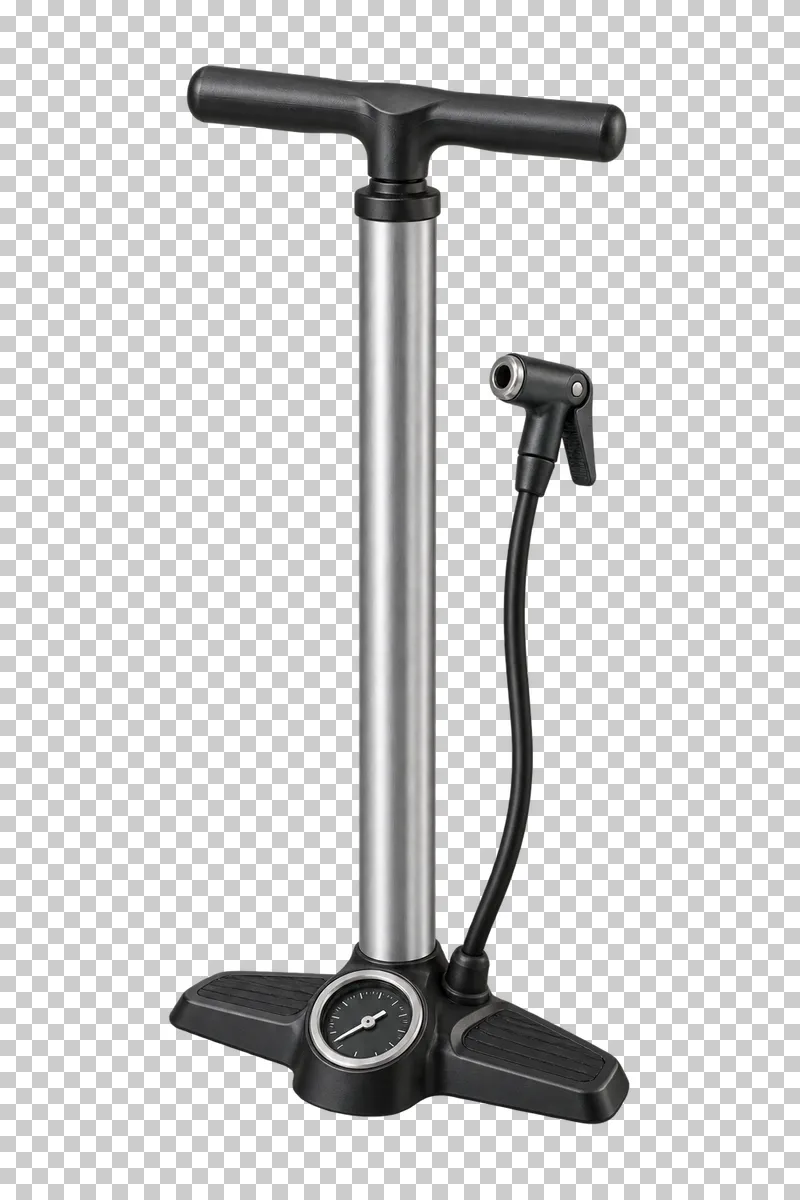 A floor pump with a silver barrel, black handle and base, pressure gauge and connected hose.