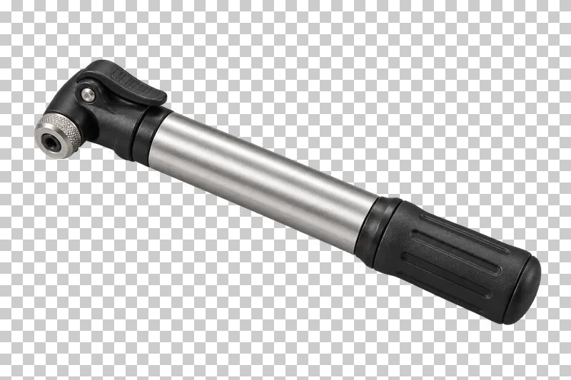 A compact bicycle minipump with a silver barrel and black valve head and handle.