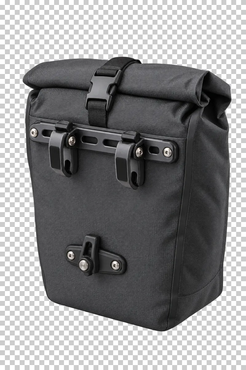 A black fabric rack pannier with a rolled closure, two upper hooks and a lower retaining latch.