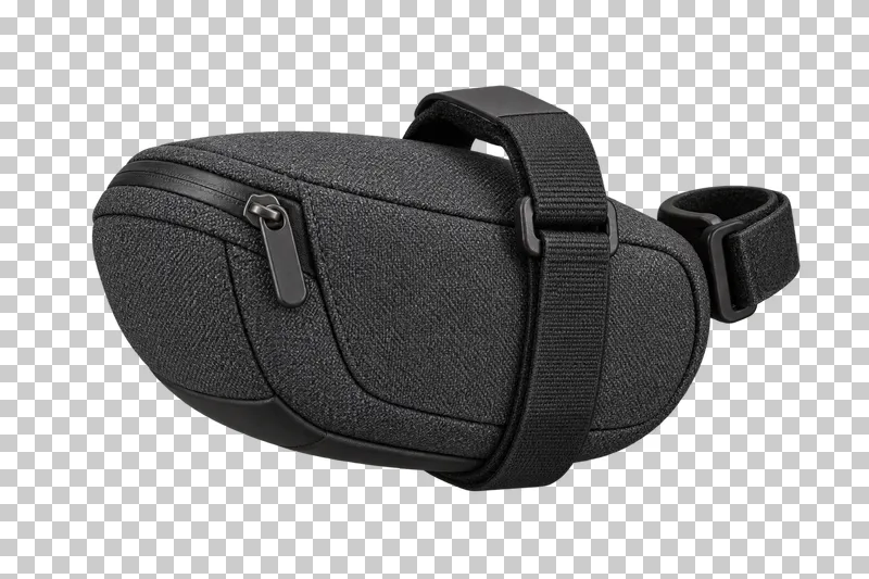 A black fabric saddle bag with a zipper, attachment straps and a compact tapered shape.