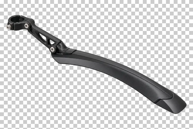 A black rear bicycle fender with a curved blade and an attached adjustable mounting arm.