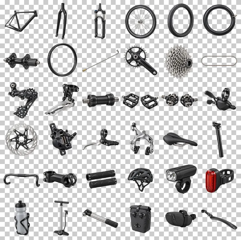 Bicycle Components and Accessories Photo PNG Collection: all 36 elements in one grid