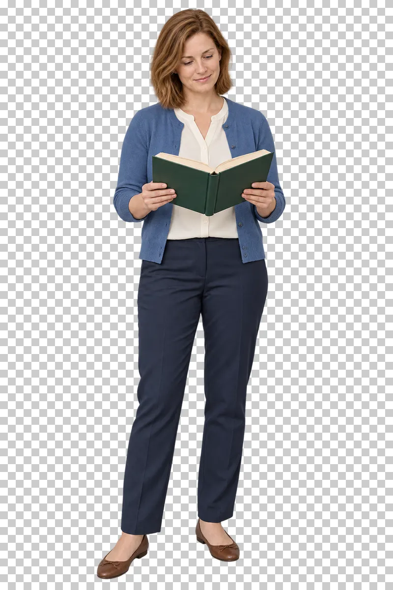 Female teacher holding an open book, shown in full with shoes and educational props.