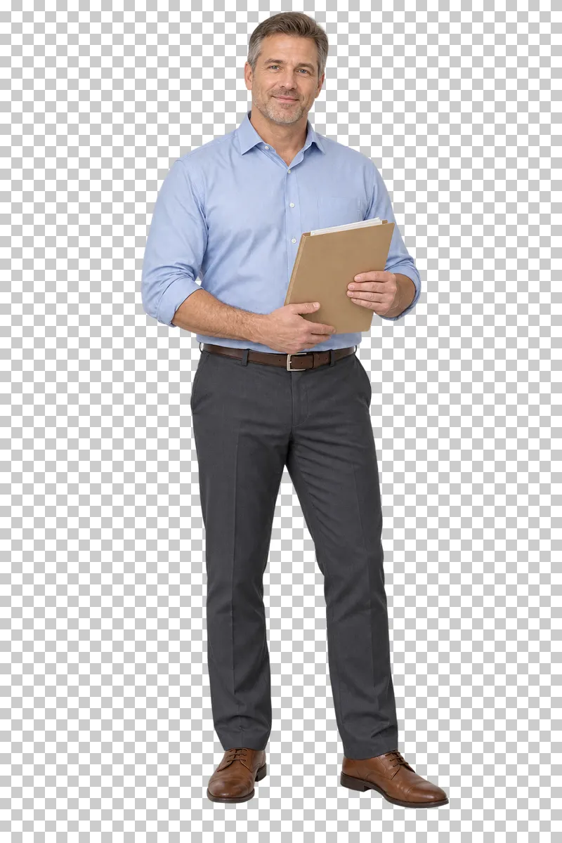 Male teacher holding a folder of student work, shown in full with shoes and educational props.