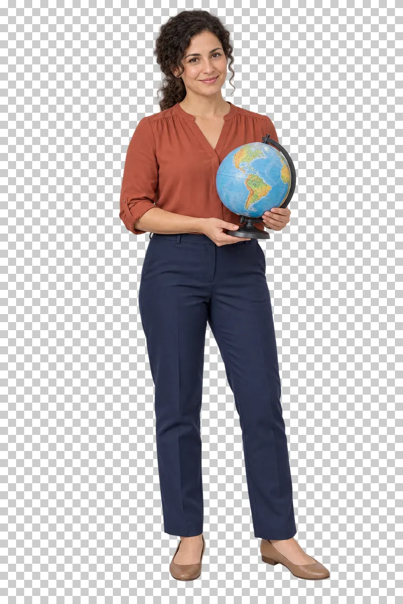 Female teacher holding a globe, shown in full with shoes and educational props.