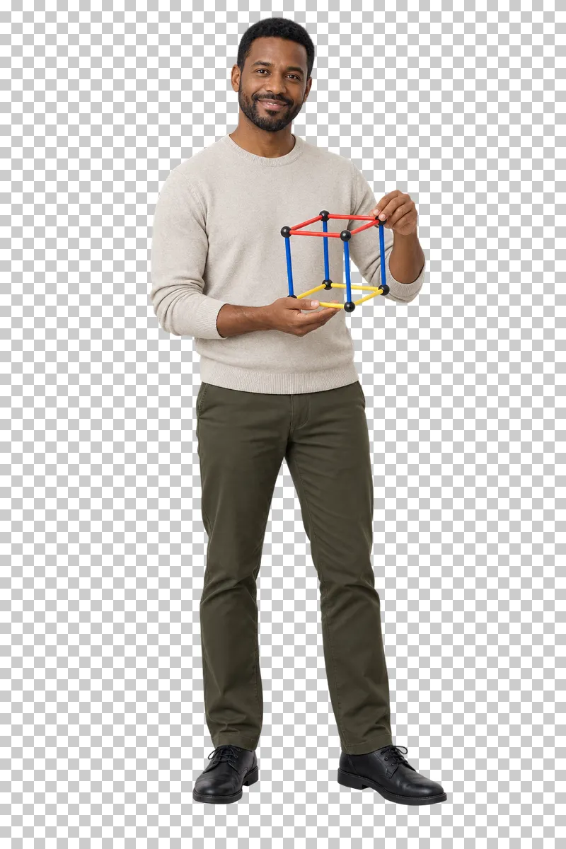 Male teacher holding a geometric model, shown in full with shoes and educational props.