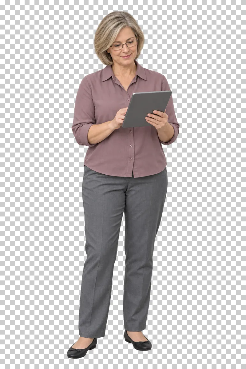 Female teacher holding a tablet, shown in full with shoes and educational props.