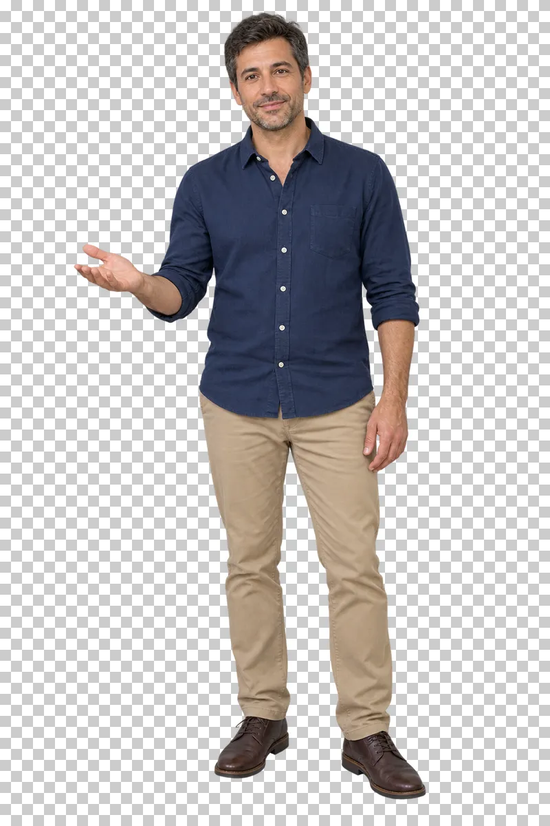 Male teacher explaining with an open hand, shown in full with shoes and educational props.