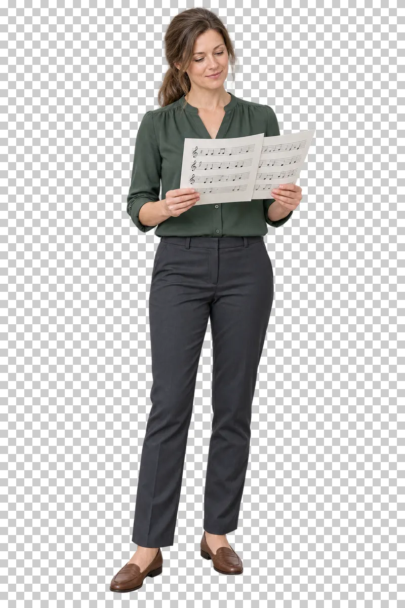 Female teacher holding sheet music, shown in full with shoes and educational props.