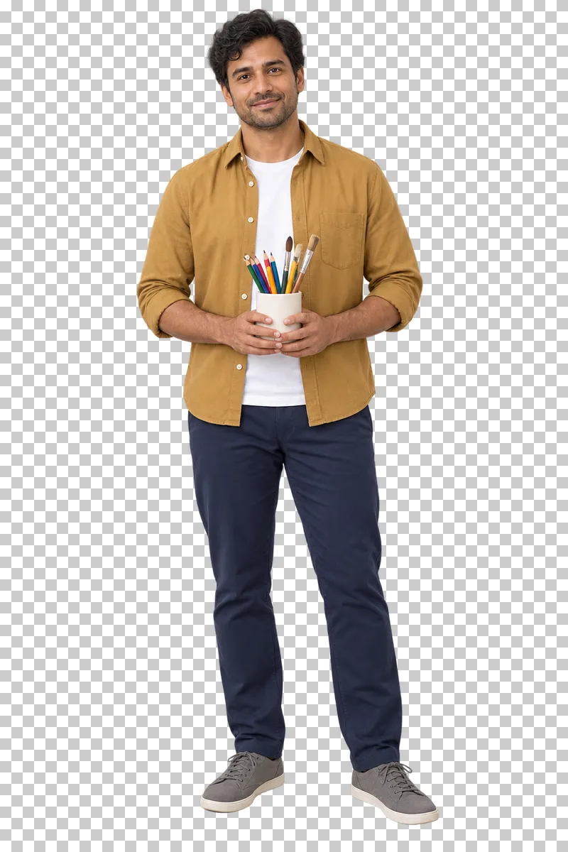 Male teacher holding a container of art supplies, shown in full with shoes and educational props.