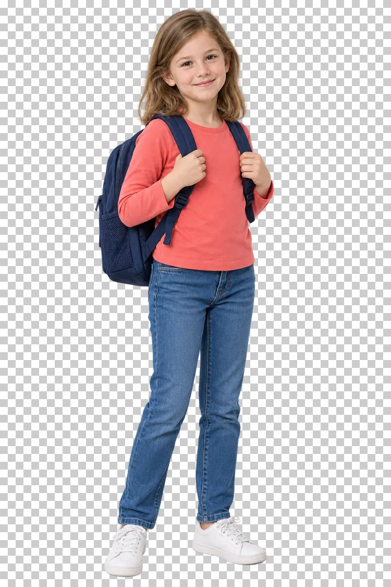 Schoolgirl wearing a backpack, shown in full with shoes and educational props.
