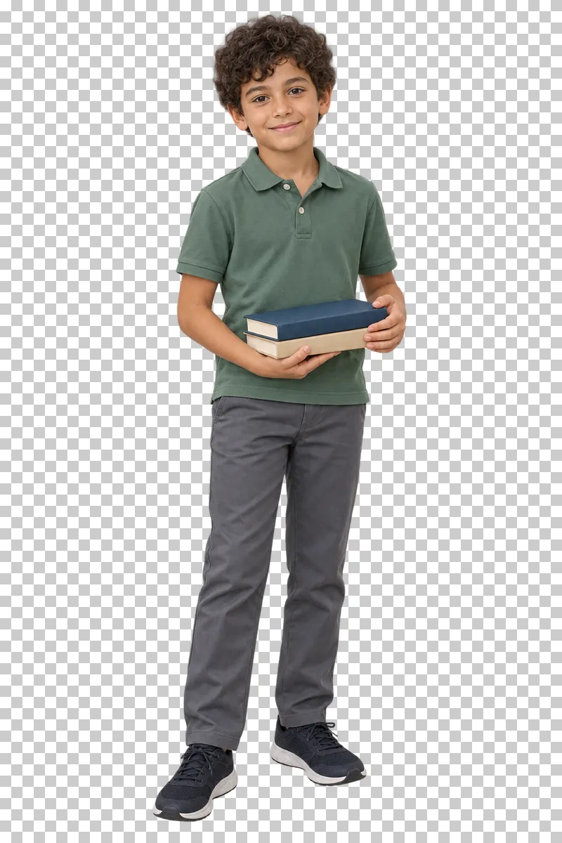 Schoolboy holding books, shown in full with shoes and educational props.