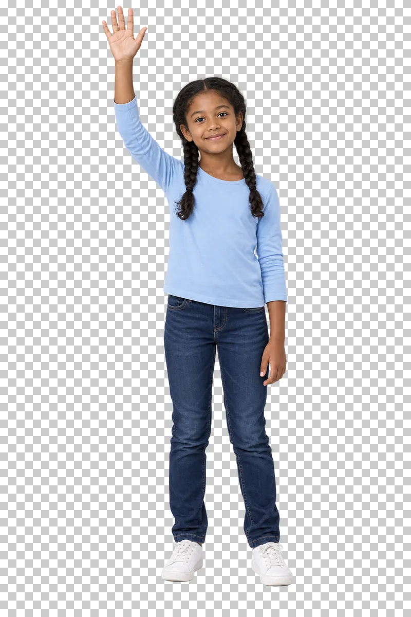 Schoolgirl raising her hand, shown in full with shoes and educational props.