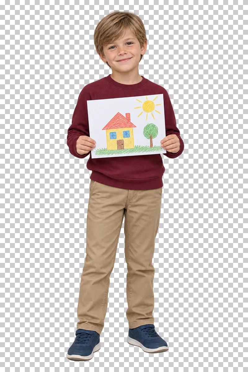 Schoolboy showing a simple drawing, shown in full with shoes and educational props.